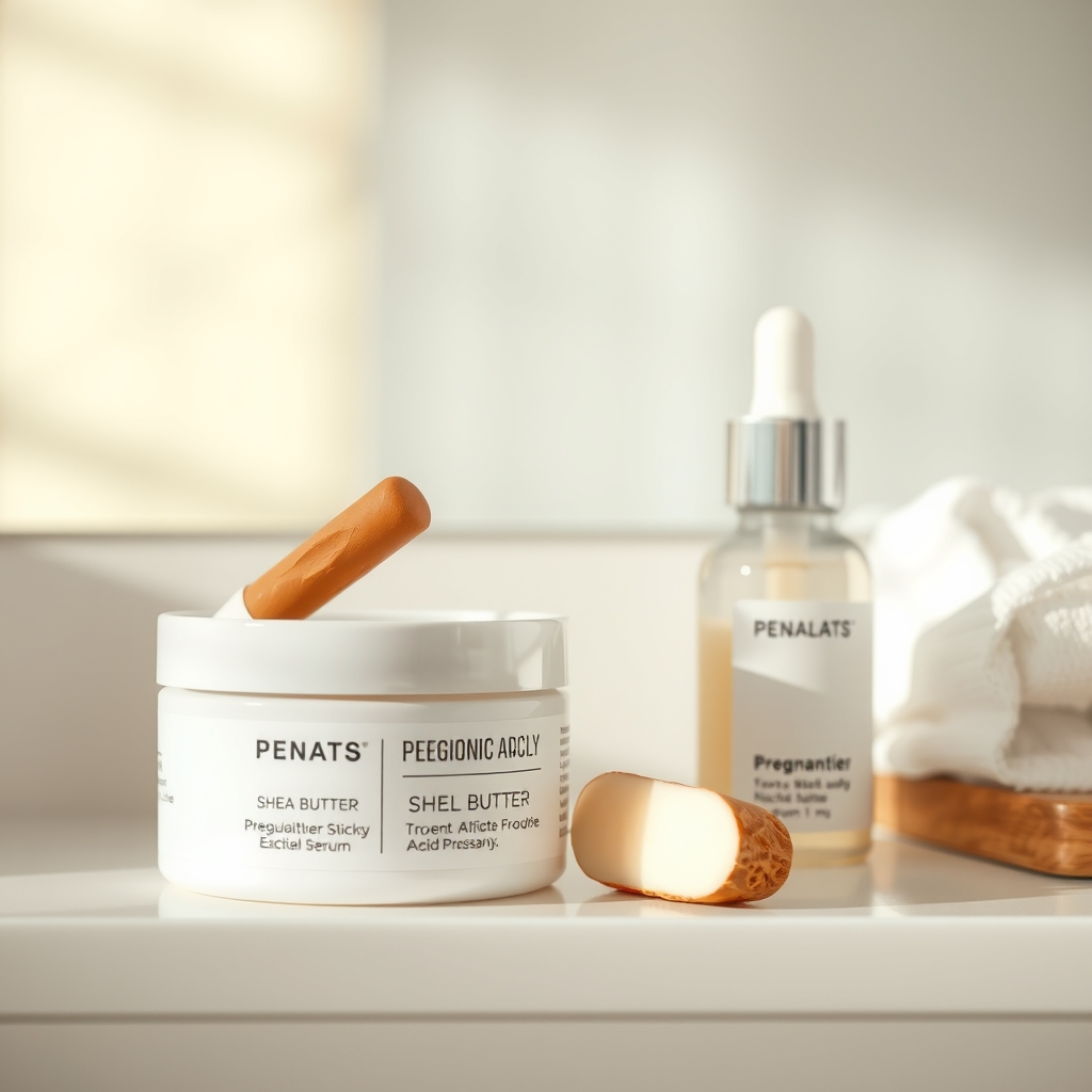 A selection of natural, pregnancy-safe skincare products like shea butter, cocoa butter, and hyaluronic acid serum bottles, arranged neatly on a bathroom shelf.