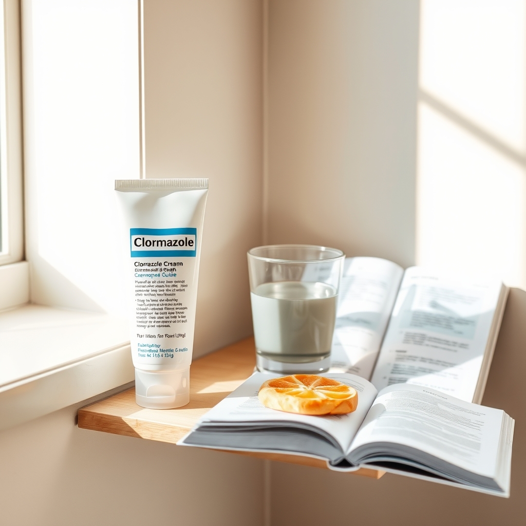 a tidy bathroom shelf with a labeled bottle of clotrimazole cream beside a glass of water and a pregnancy book, soft daylight highlighting the safe alternative