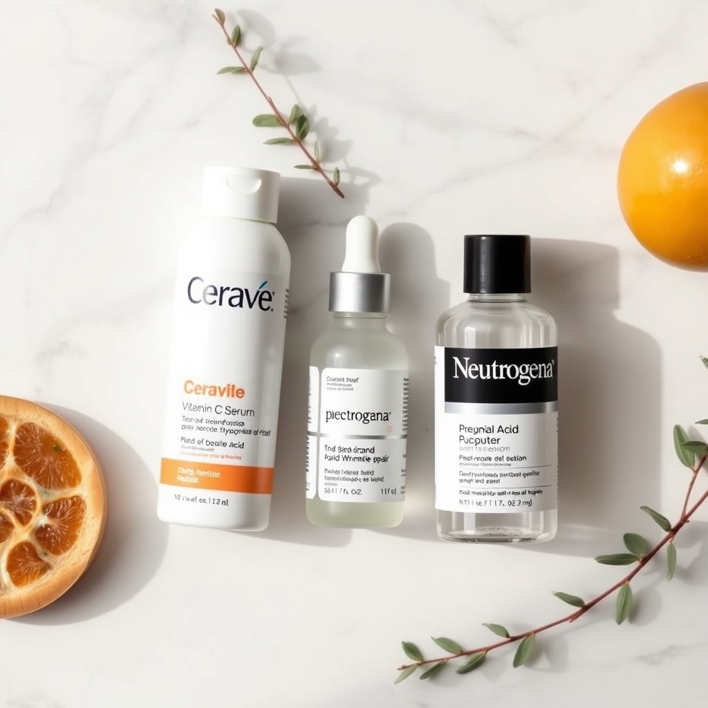 pregnancy-safe skincare products arranged on a marble countertop