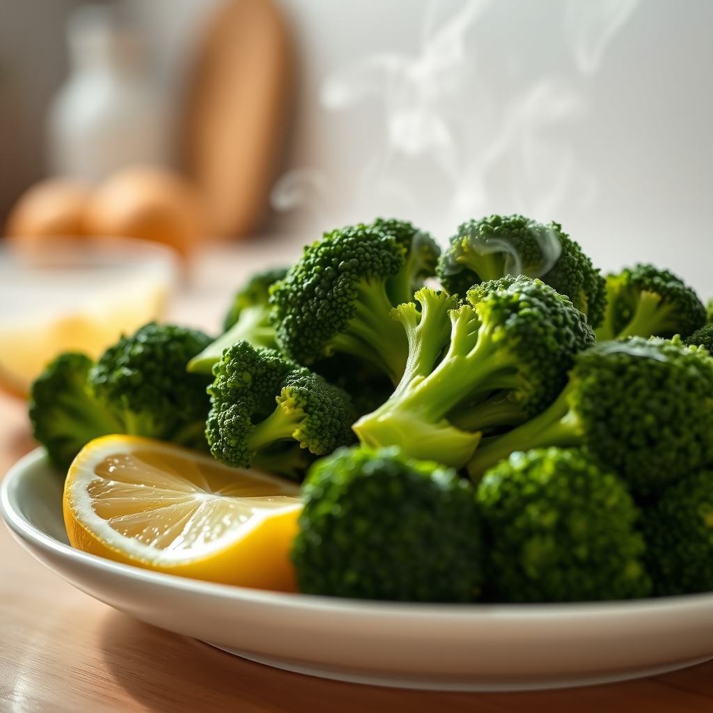 steamed broccoli florets on a white plate with a lemon wedge, bright green color, steam rising gently, showcasing a safe cooked alternative to raw sprouts