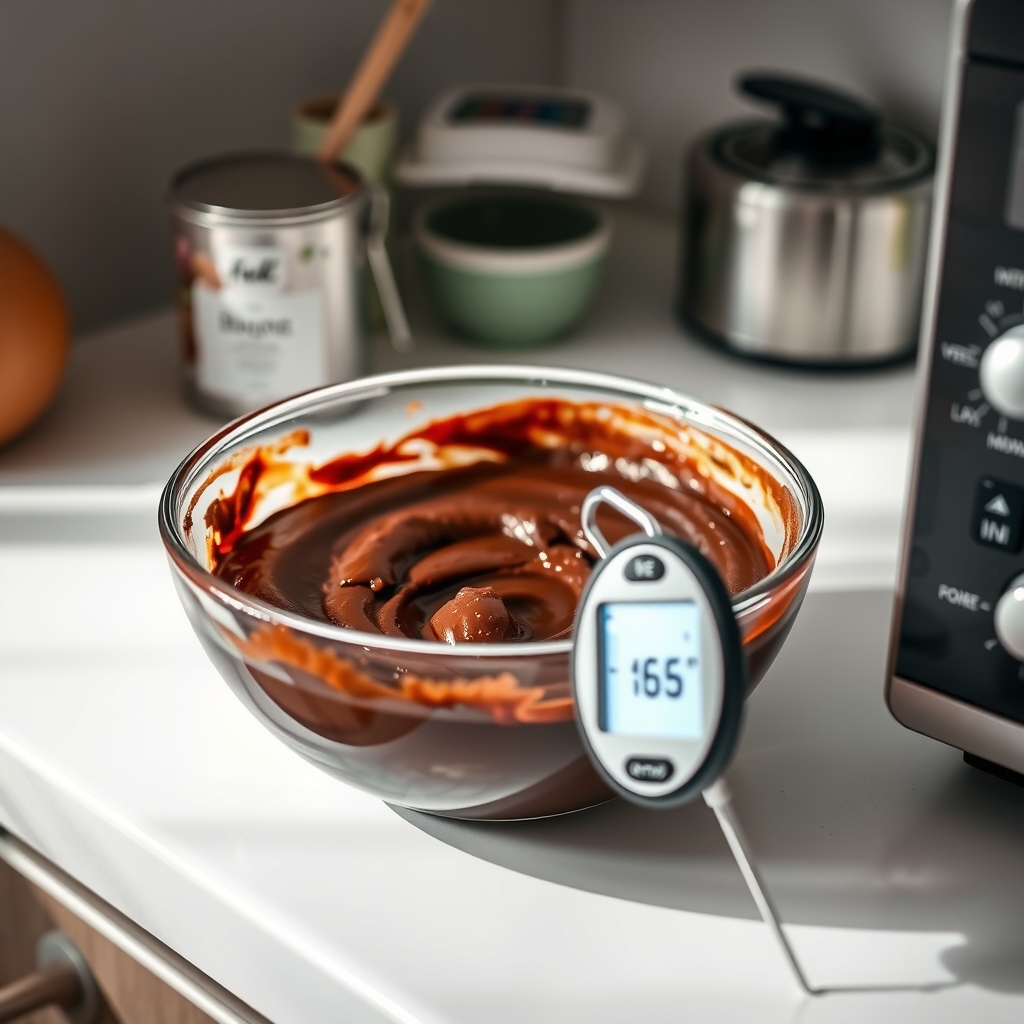 a close‑up of a microwave‑cooked bowl of brownie batter with a thermometer showing 165°F, illustrating the safe temperature needed to kill harmful bacteria, set on a kitchen counter beside a glass of milk