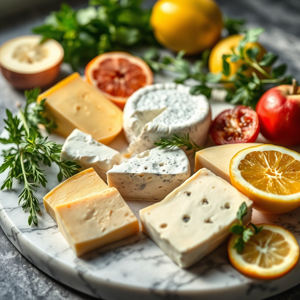 a platter of assorted safe cheeses for pregnancy, including fresh mozzarella, ricotta, pasteurized feta, and Greek yogurt, arranged on a light marble surface with fresh herbs and sliced fruit, bright natural lighting
