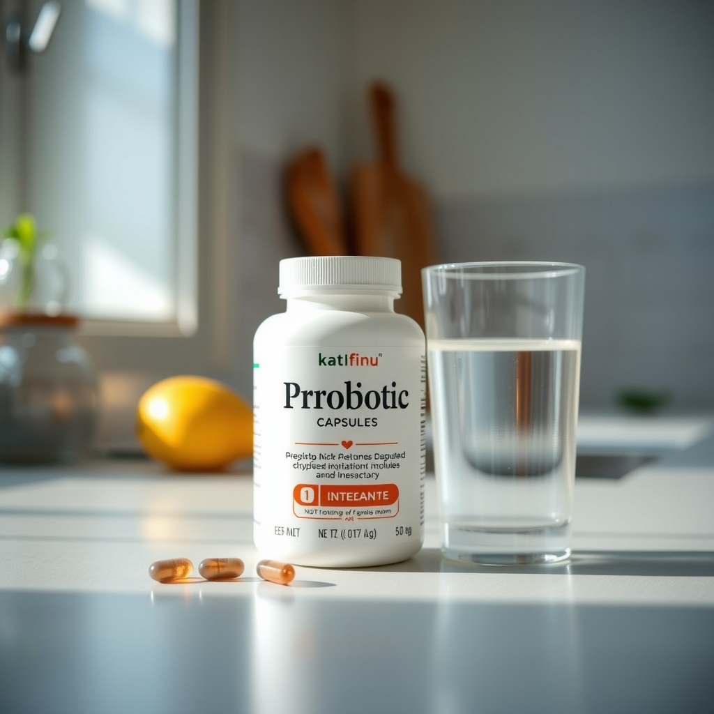 A bottle of probiotic capsules next to a glass of water on a kitchen counter, with soft morning light