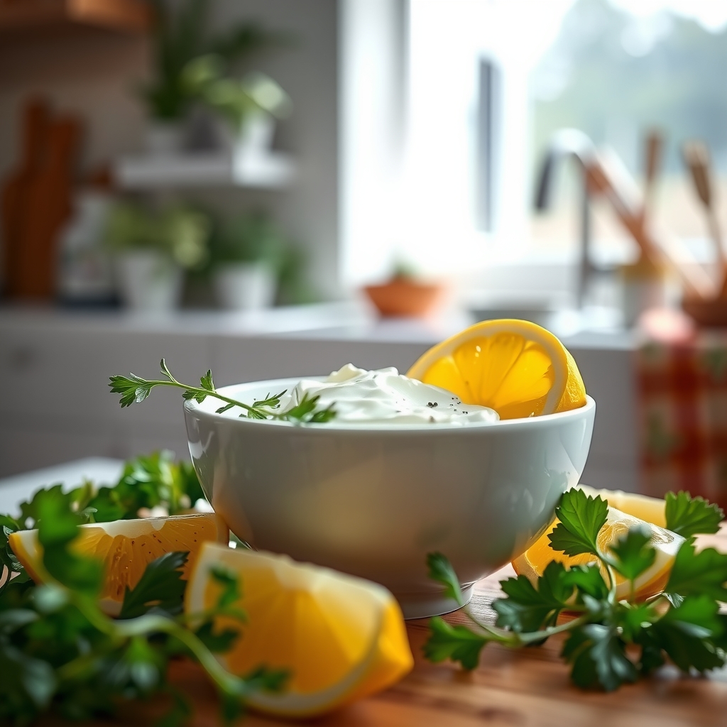 a bright kitchen table with a small bowl of Greek yogurt Caesar dressing, fresh herbs, and a sliced lemon, natural daylight, inviting composition