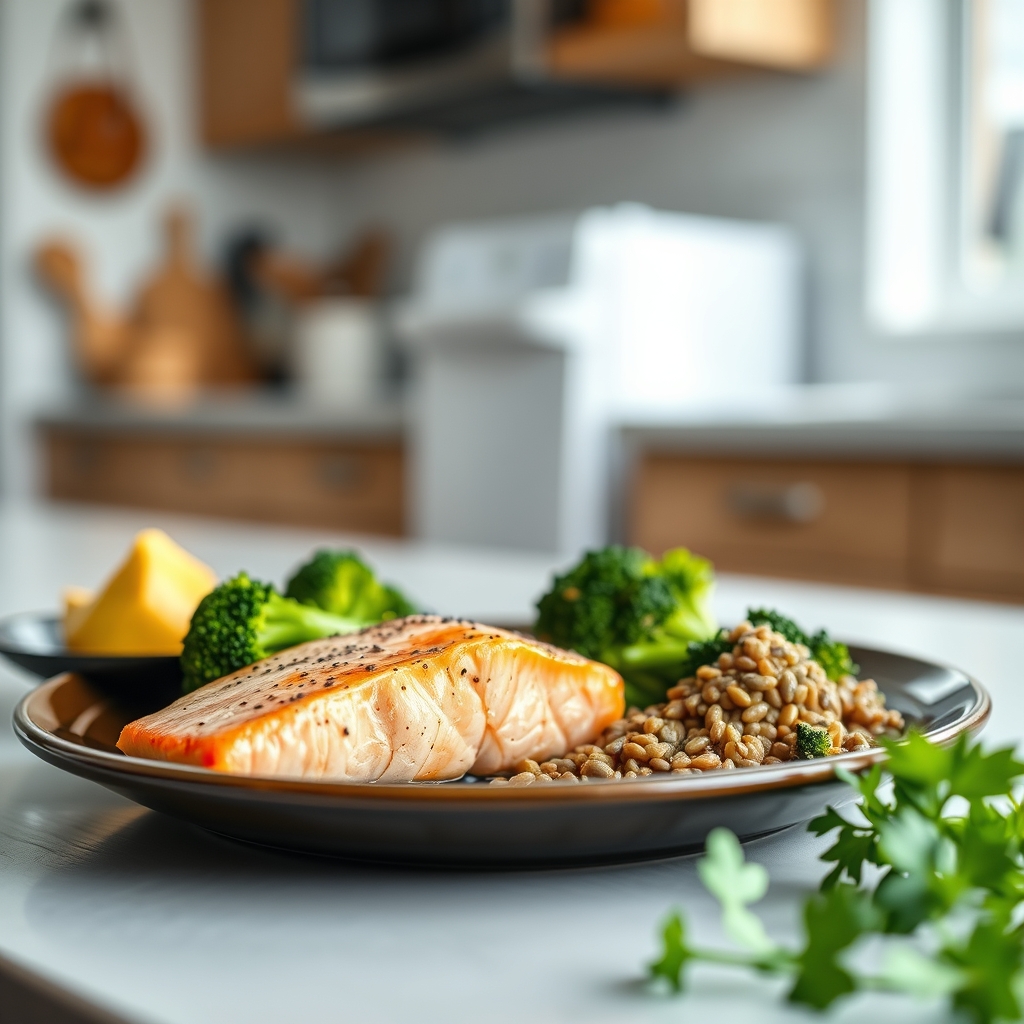 A colorful plate showing a salmon fillet, a side of steamed broccoli, and a small bowl of lentils, representing a balanced, pregnancy‑friendly meal
