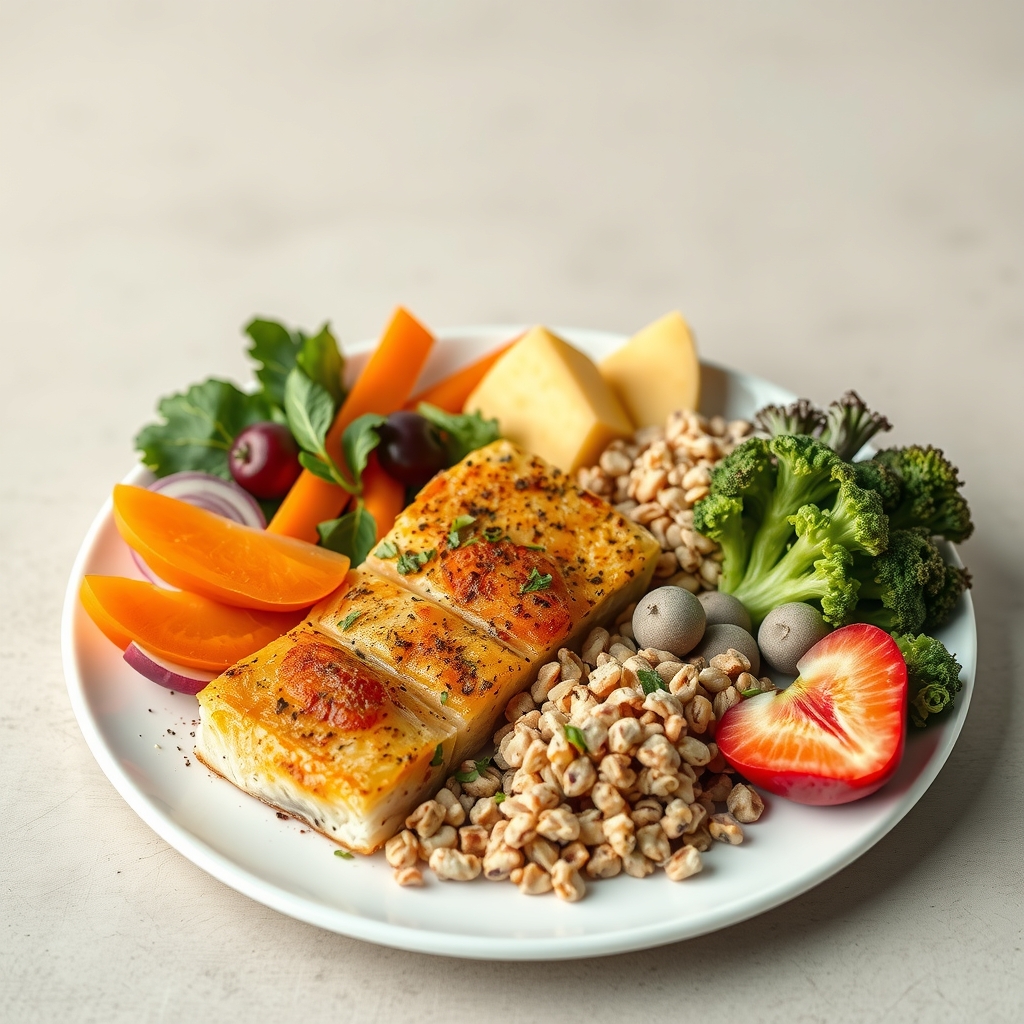A balanced plate of food featuring lean protein, a colorful medley of vegetables, a portion of whole grains, and a small serving of fruit, all arranged appealingly. Neutral background.