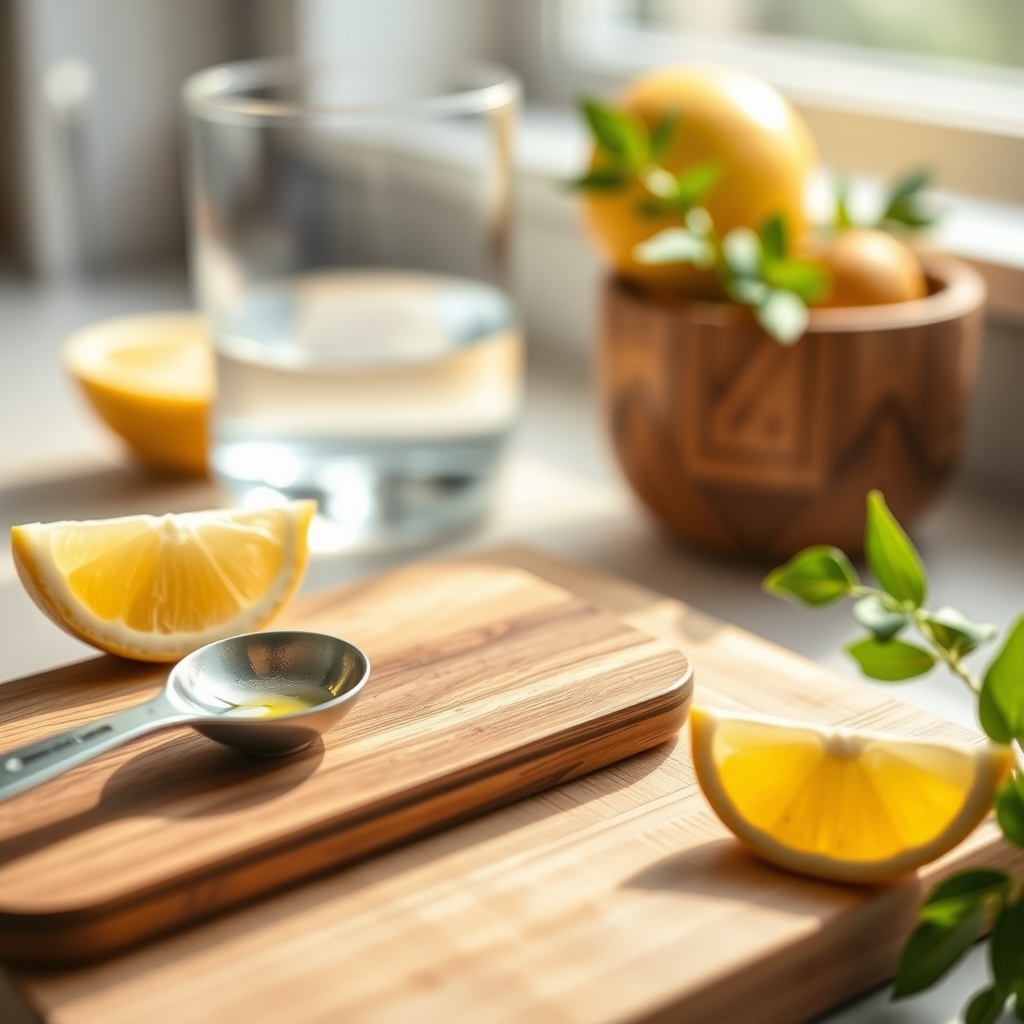 a wooden cutting board with a small glass measuring spoon filled with castor oil, a fresh lemon wedge, and a glass of water, soft natural lighting emphasizing the amber oil