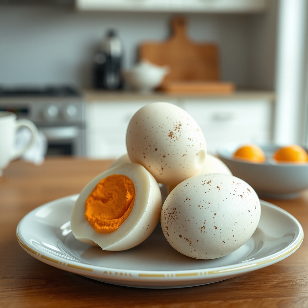 A neatly arranged plate of sliced century eggs beside a small bowl of soy sauce, highlighting the dark gelatinous egg whites and greenish yolk, perfect for a pregnancy-friendly snack