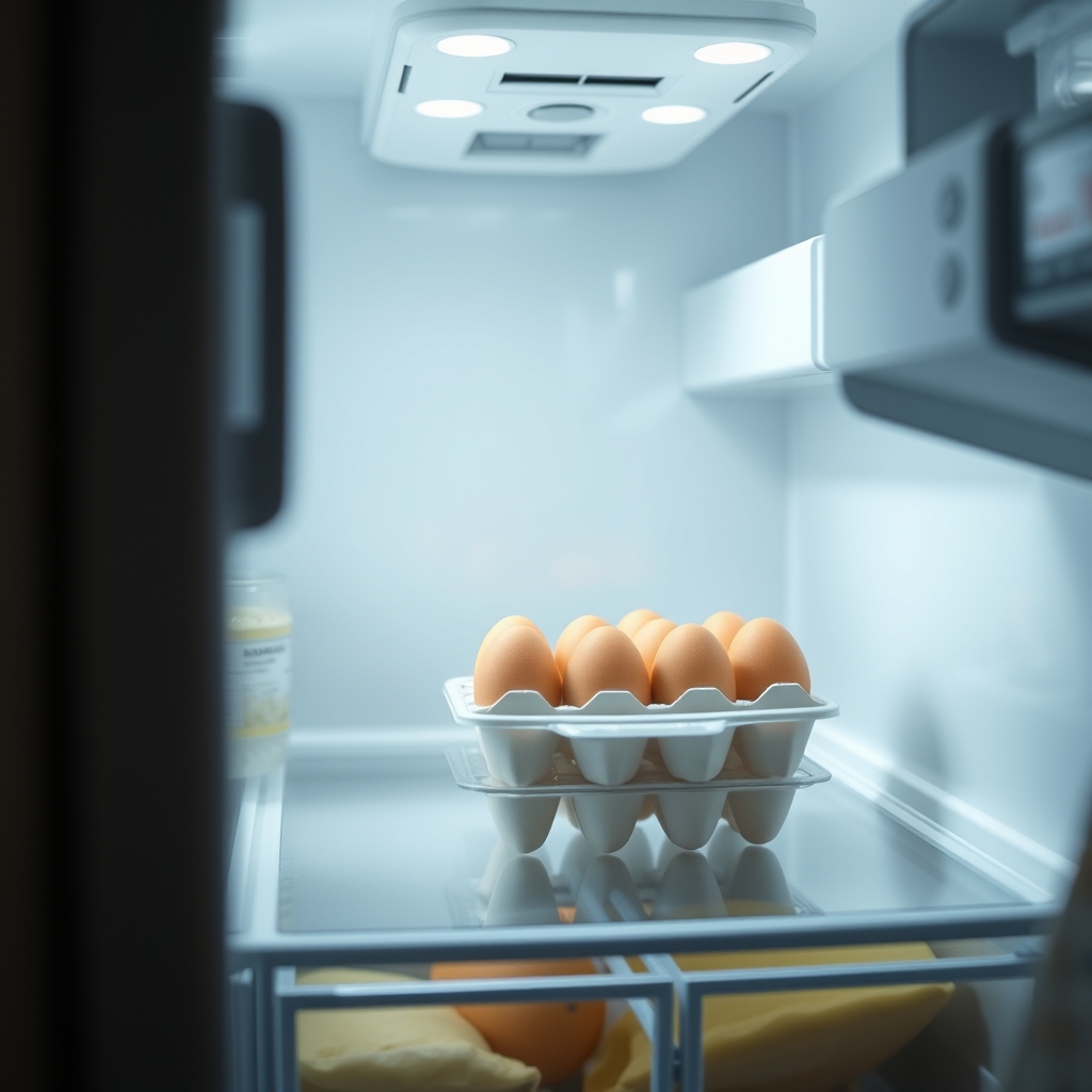 A fridge interior showing a sealed package of century eggs alongside a small container of low‑sodium soy sauce, illustrating proper storage and portion control