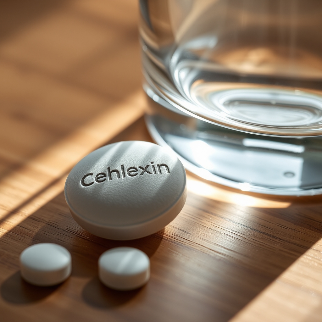 close‑up of a cephalexin tablet next to a glass of water on a wooden table, natural daylight highlighting the tablet’s imprint, symbolizing safe medication use during pregnancy