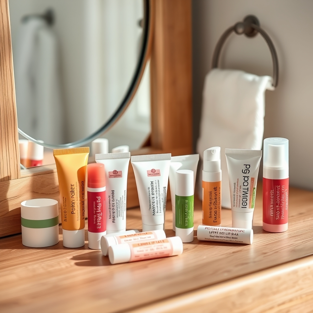 a collection of pregnancy‑safe lip balms arranged on a wooden vanity, including Chapstick Original, Burt's Bees Beeswax, and Aquaphor, soft daylight highlighting the variety of textures