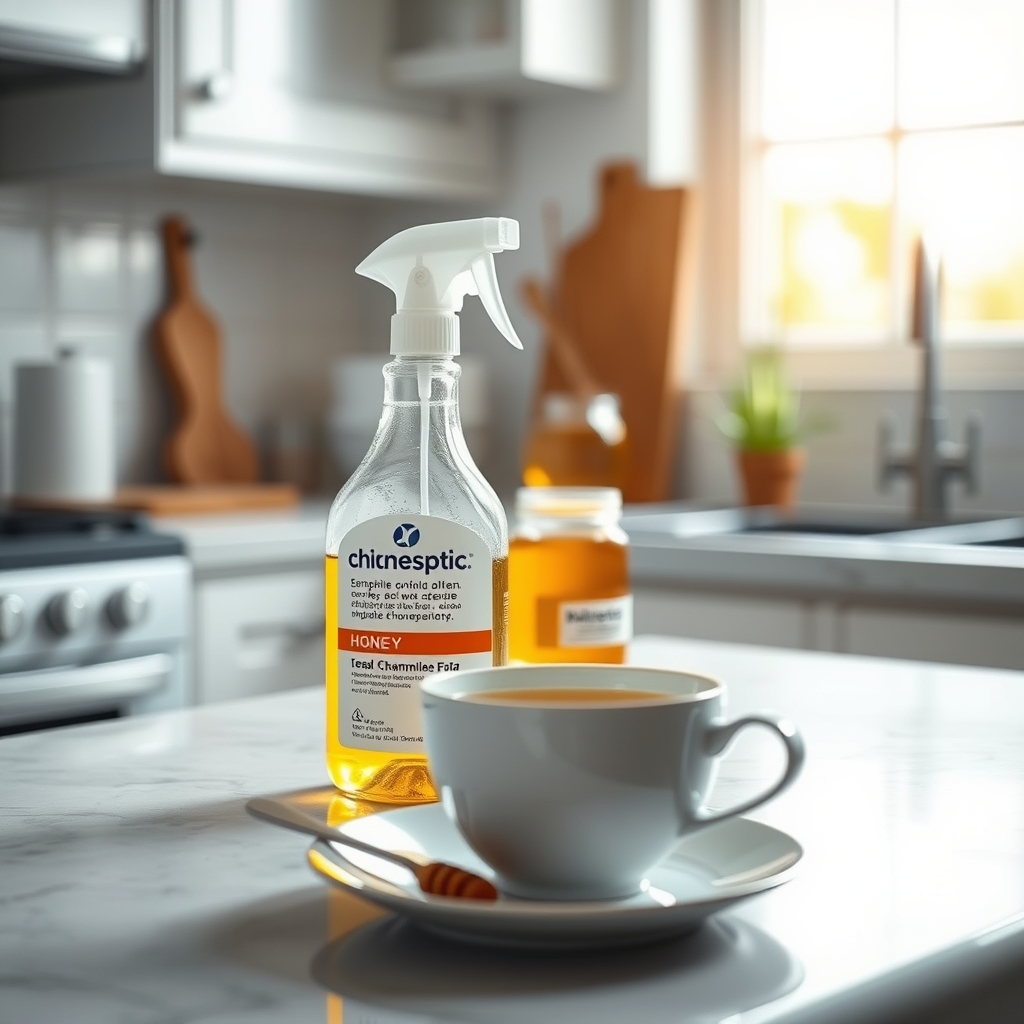 a selection of safe pregnancy throat remedies on a kitchen counter, including a bottle of Chloraseptic spray, honey jar, and a cup of chamomile tea, bright natural lighting