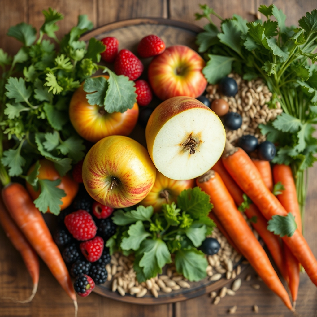 a variety of fresh fruits and vegetables commonly recommended for pregnancy, arranged neatly on a wooden cutting board, symbolizing natural fiber sources