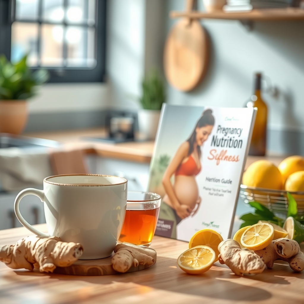 A cozy kitchen scene with a mug of herbal tea, a small plate of ginger slices, and a pregnancy nutrition guide open on the countertop, illustrating safe tea consumption during pregnancy.