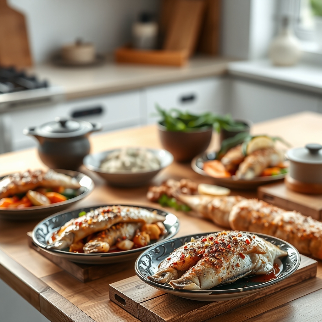 a selection of safe cooked fish options on a kitchen counter: baked salmon, grilled trout, canned tuna, and poached white fish, with bright lighting emphasizing freshness