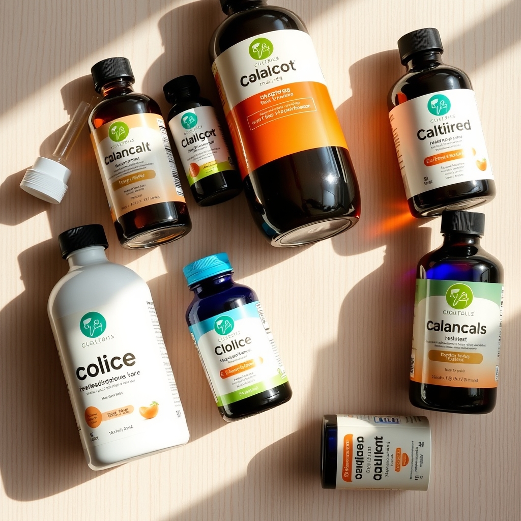 A comparison of several colic‑relief bottles on a clean countertop, each labeled with brand name, highlighting the variety of options for parents