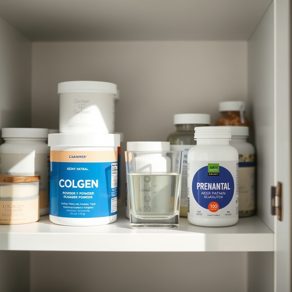 a tidy pantry shelf with labeled collagen powder jars, prenatal vitamins, and a glass of water, soft natural lighting, calm atmosphere