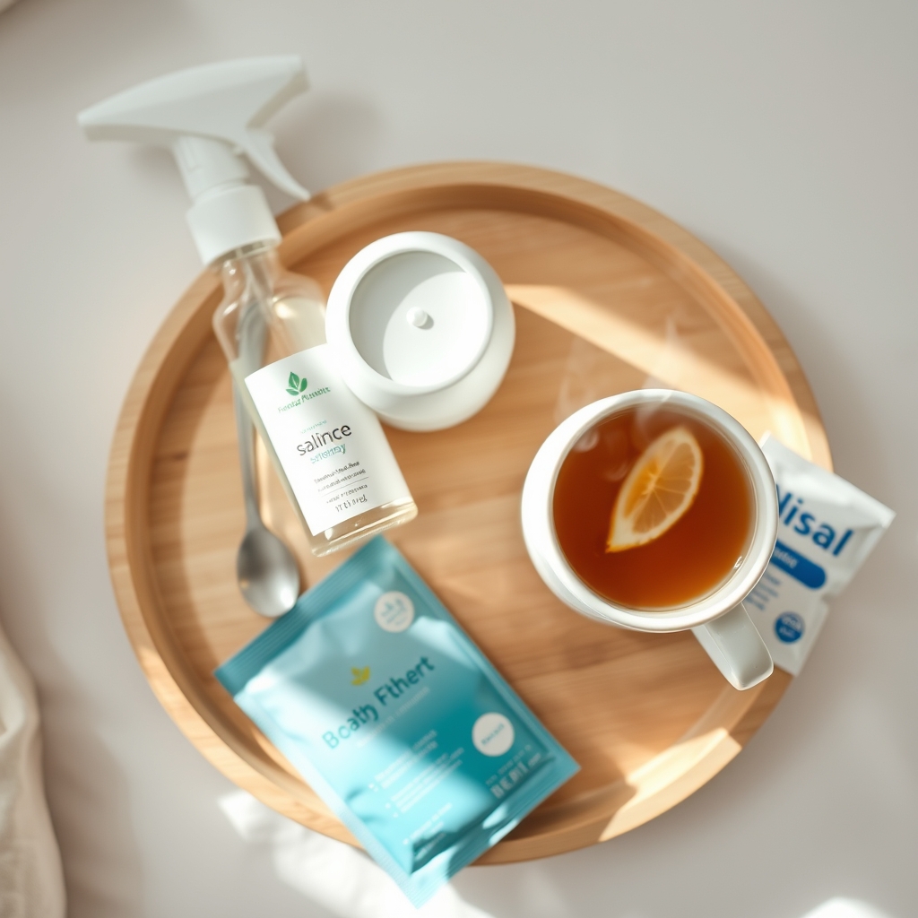a variety of soothing pregnancy-safe remedies for congestion on a wooden tray: saline nasal spray, a small humidifier, a cup of herbal tea, and a box of nasal strips