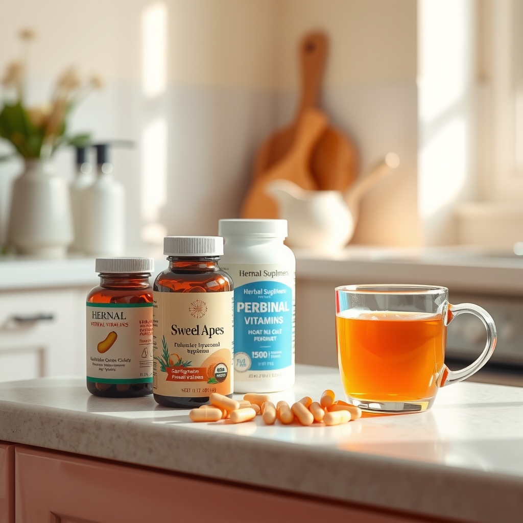 assorted herbal supplements and prenatal vitamins arranged on a pastel kitchen countertop, soft natural light highlighting bottle labels and a steaming mug of herbal tea