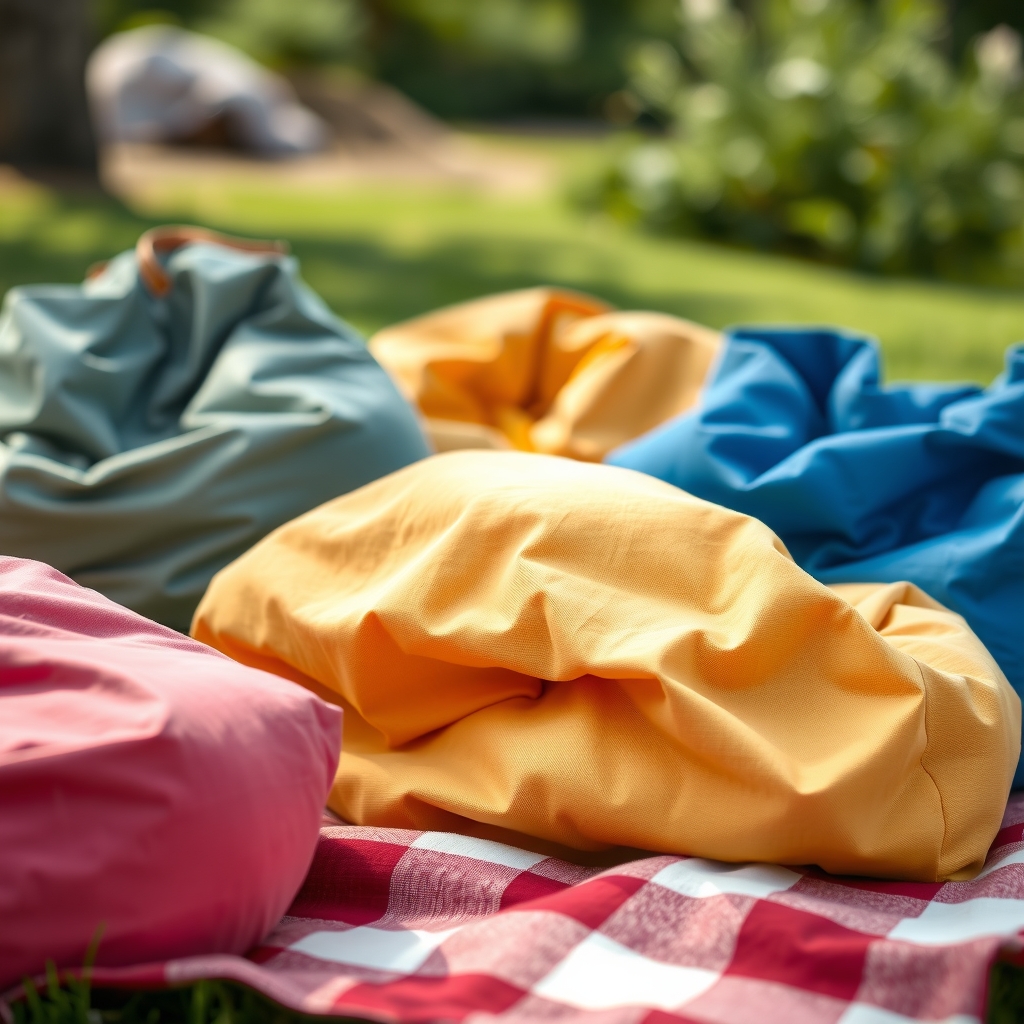 A selection of colorful, soft beanbags, suitable for gentle outdoor games, arranged neatly on a picnic blanket.