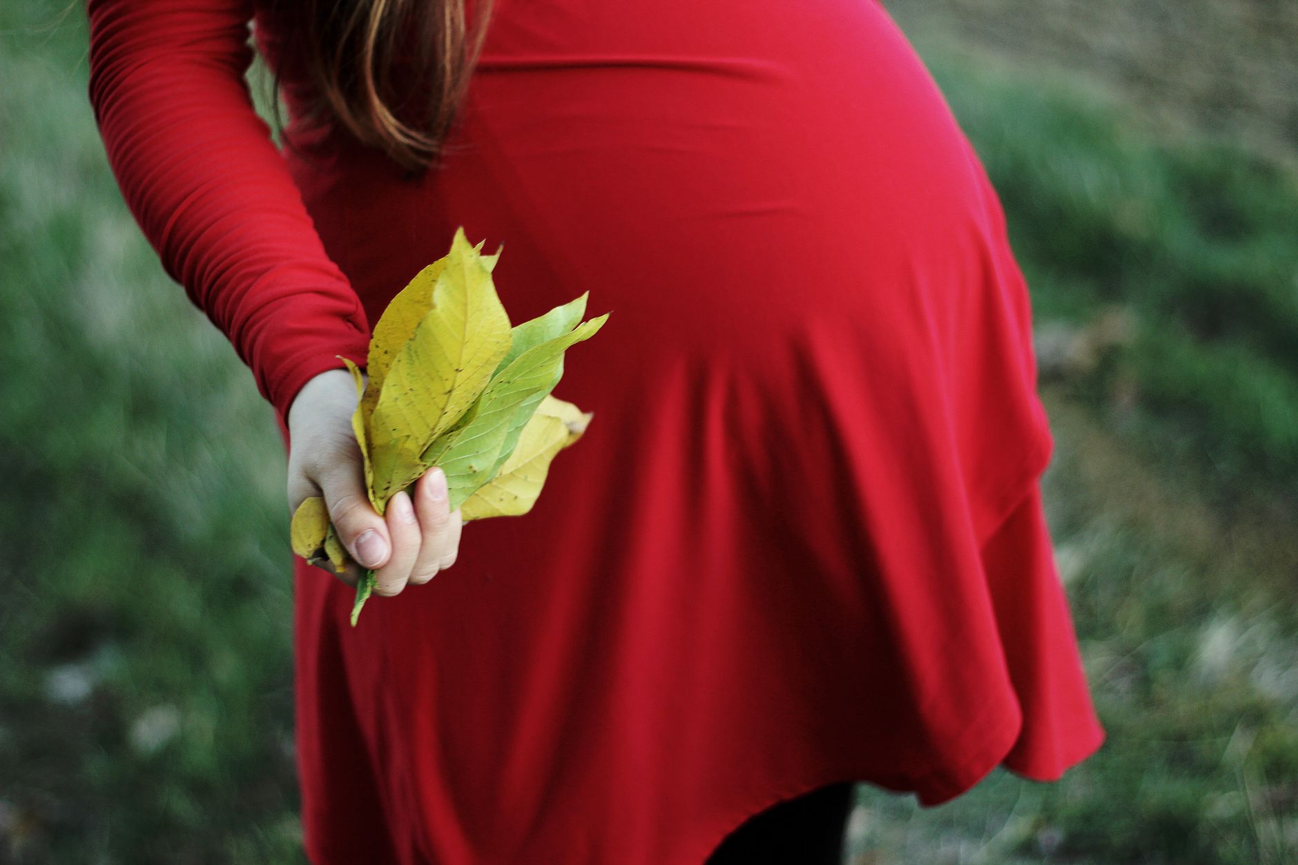 A pregnant woman's hands gently holding a small, smooth bocce ball on a grassy lawn, ready to play.