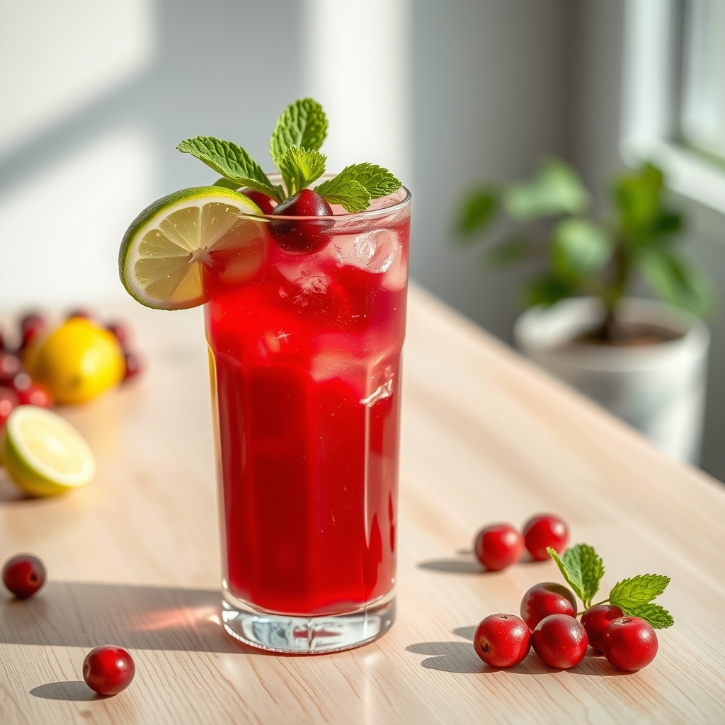 A vibrant mocktail in a clear glass, made with cranberry juice, lime wedges, and a sprig of mint, presented on a light wooden table, illustrating a pregnancy‑friendly alternative to a traditional Cosmopolitan