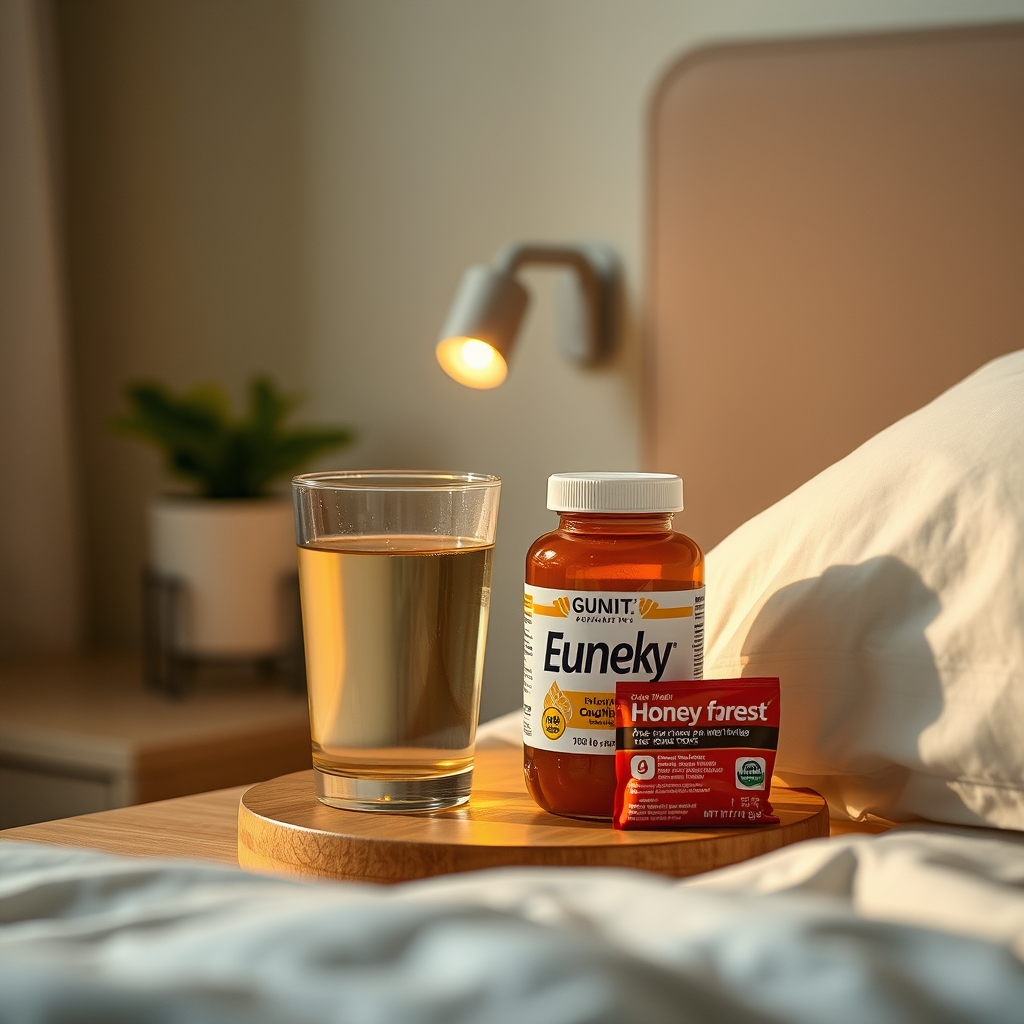 a comforting bedside scene with a glass of water, a small bowl of honey, and a pack of pregnancy‑safe cough drops, illustrating a balanced approach to throat relief