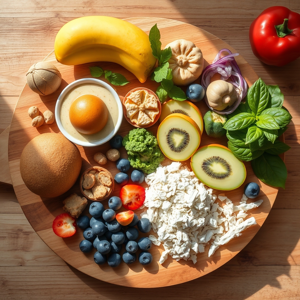 A wooden board displaying a colorful assortment of magnesium‑rich foods: almonds, spinach, pumpkin seeds, and a glass of fortified soy milk