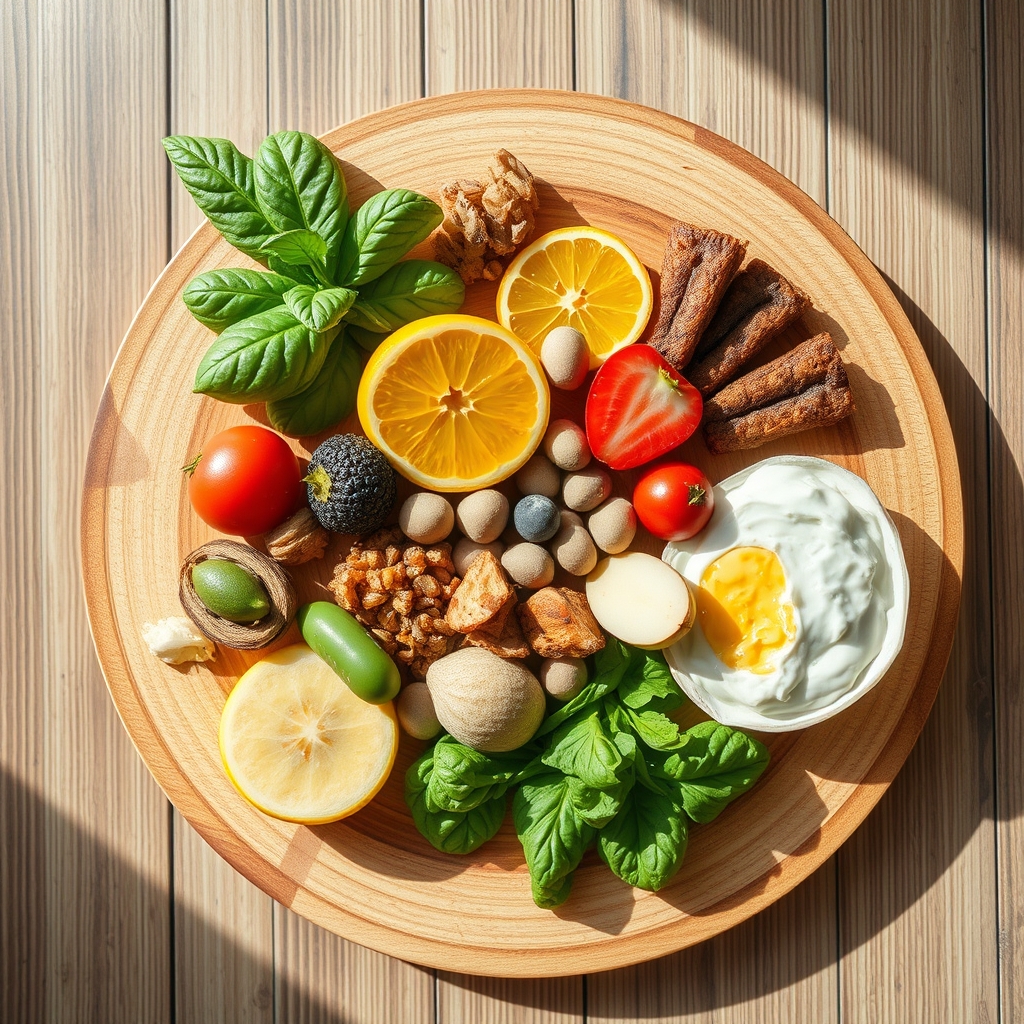 A colorful wooden board displaying a bowl of pumpkin seeds, a glass of almond milk, and fresh spinach leaves, bright kitchen lighting