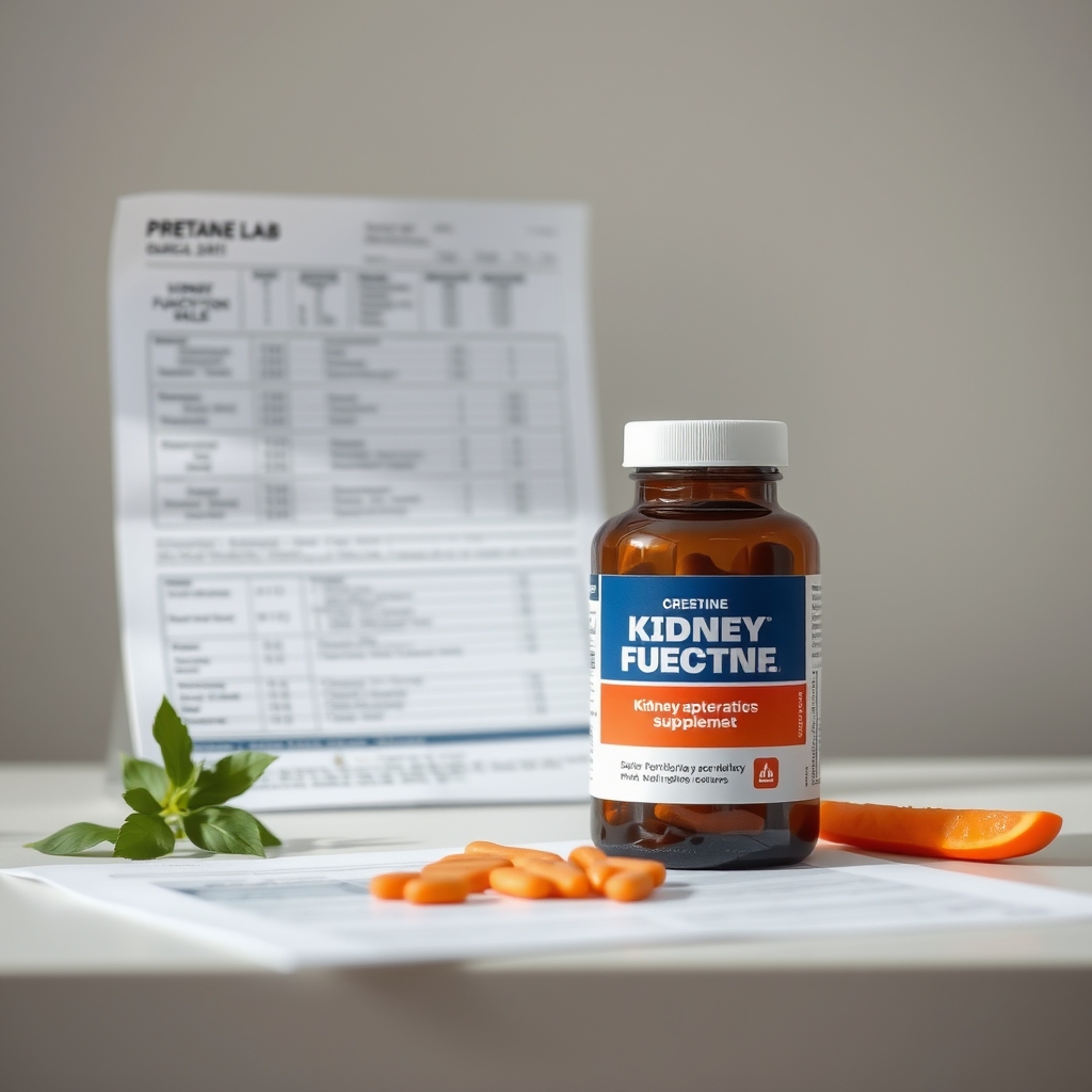 Close‑up of a prenatal check‑up chart showing kidney function labs alongside a creatine supplement bottle, clinical setting with neutral lighting
