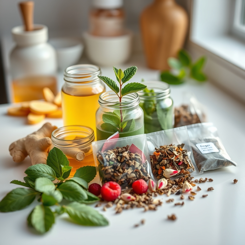 A selection of various pregnancy-safe herbal tea bags and dried herbs in small jars, neatly arranged on a light kitchen counter, representing safe alternatives.