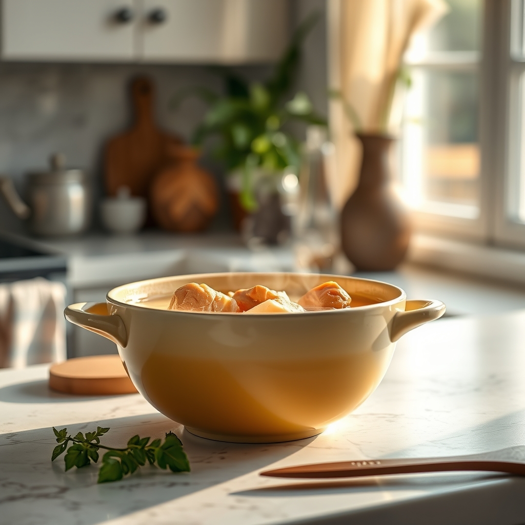 a steaming bowl of chicken broth on a kitchen counter, illustrating a natural remedy for congestion during pregnancy