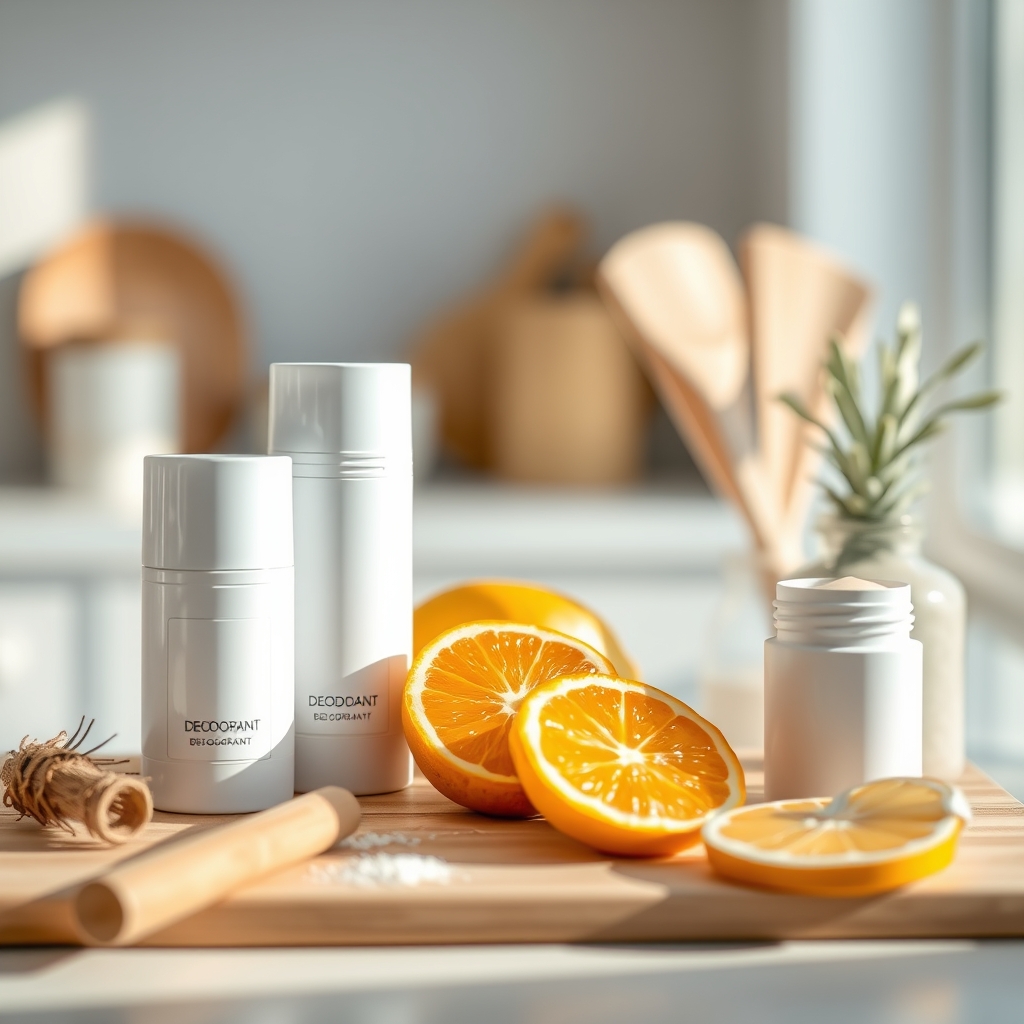 A row of aluminum‑free deodorant sticks on a wooden countertop, showcasing clean packaging and natural ingredients