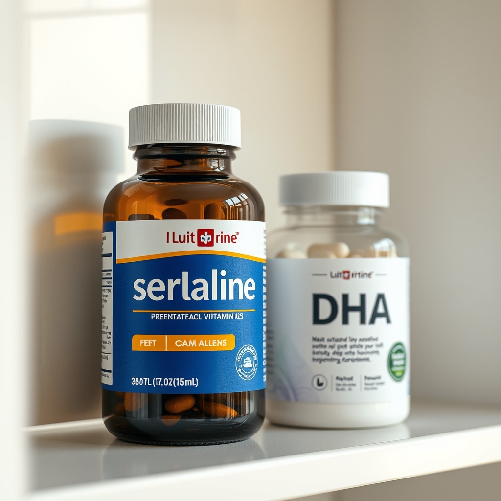 a tidy bathroom shelf displaying a bottle of sertraline, a box of prenatal vitamins, and a small jar of omega‑3 DHA capsules, soft natural light emphasizing calmness and organization