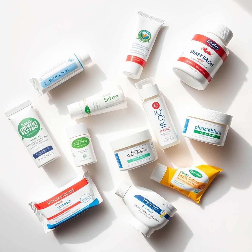 A selection of diaper rash creams—including Desitin, Aquaphor, and Burt's Bees—arranged on a clean countertop with natural light highlighting their packaging