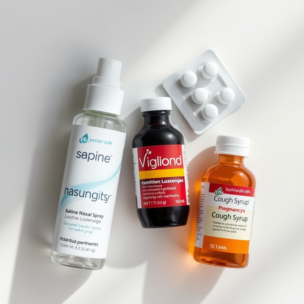 A small arrangement of pregnancy-safe cold and cough remedies including a bottle of saline nasal spray, a blister pack of zinc lozenges, and a small bottle of acetaminophen cough syrup.