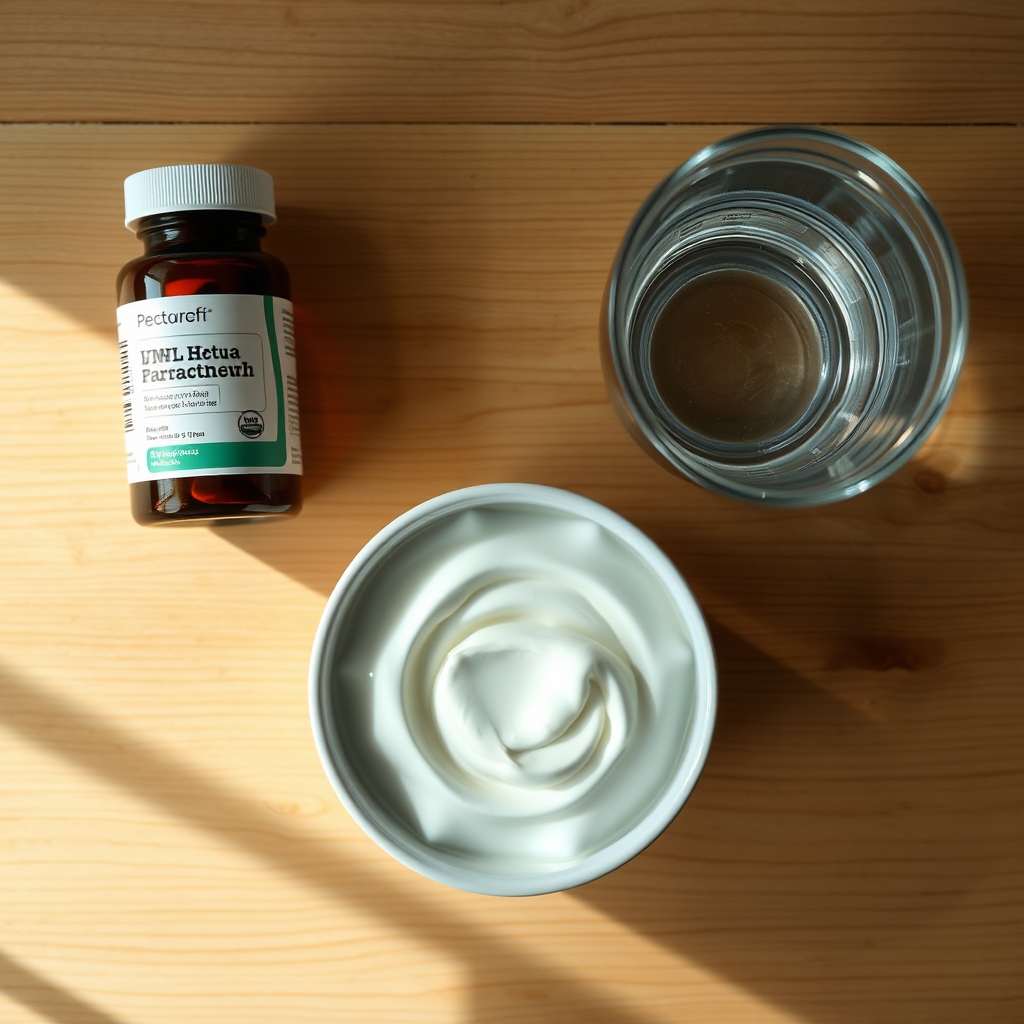 A clean white medicine bottle beside a glass of water and a small bowl of probiotic yogurt on a wooden countertop, natural daylight