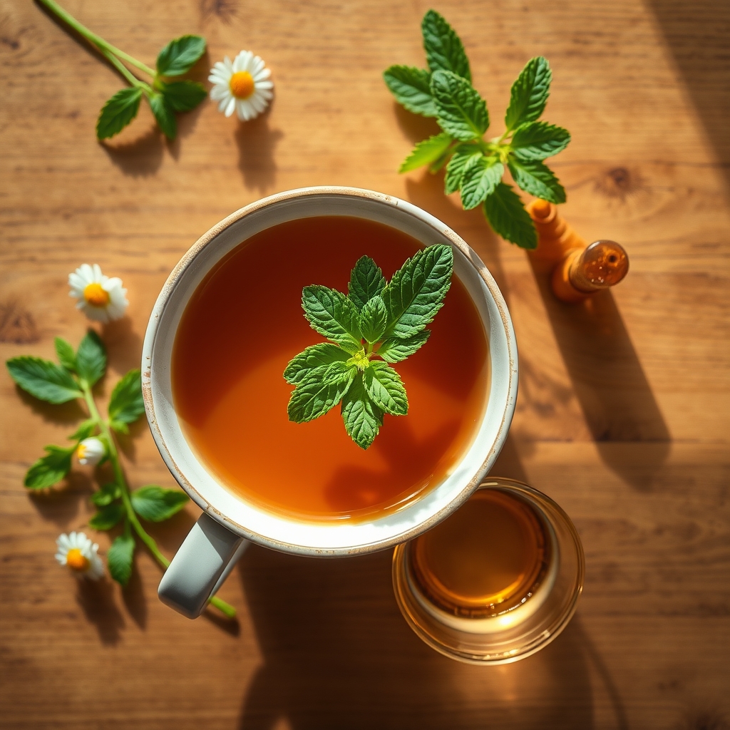 A steaming mug of chamomile tea on a wooden tray with fresh mint leaves and a small glass of diluted apple cider vinegar beside it, soft morning light, cozy kitchen setting