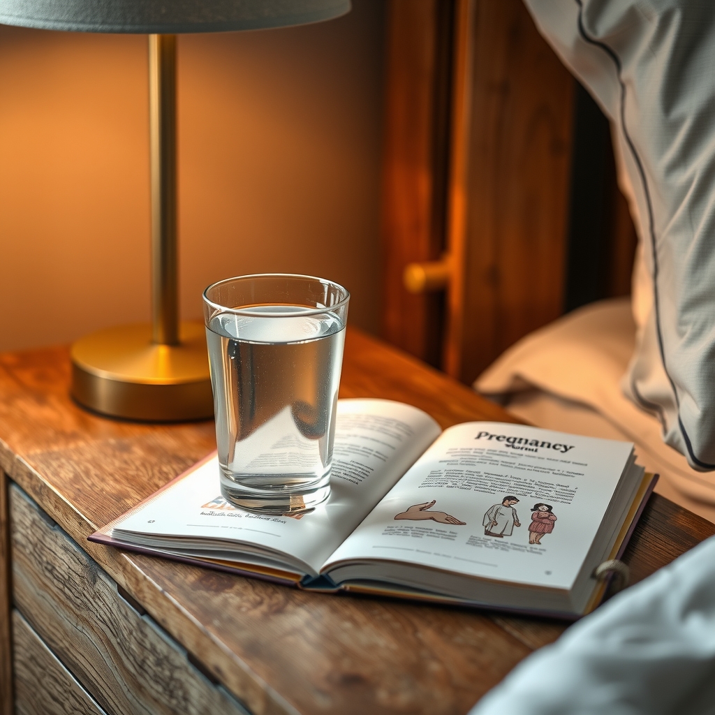 A clear glass of water on a nightstand next to a pregnancy information booklet, suggesting health and informed choices