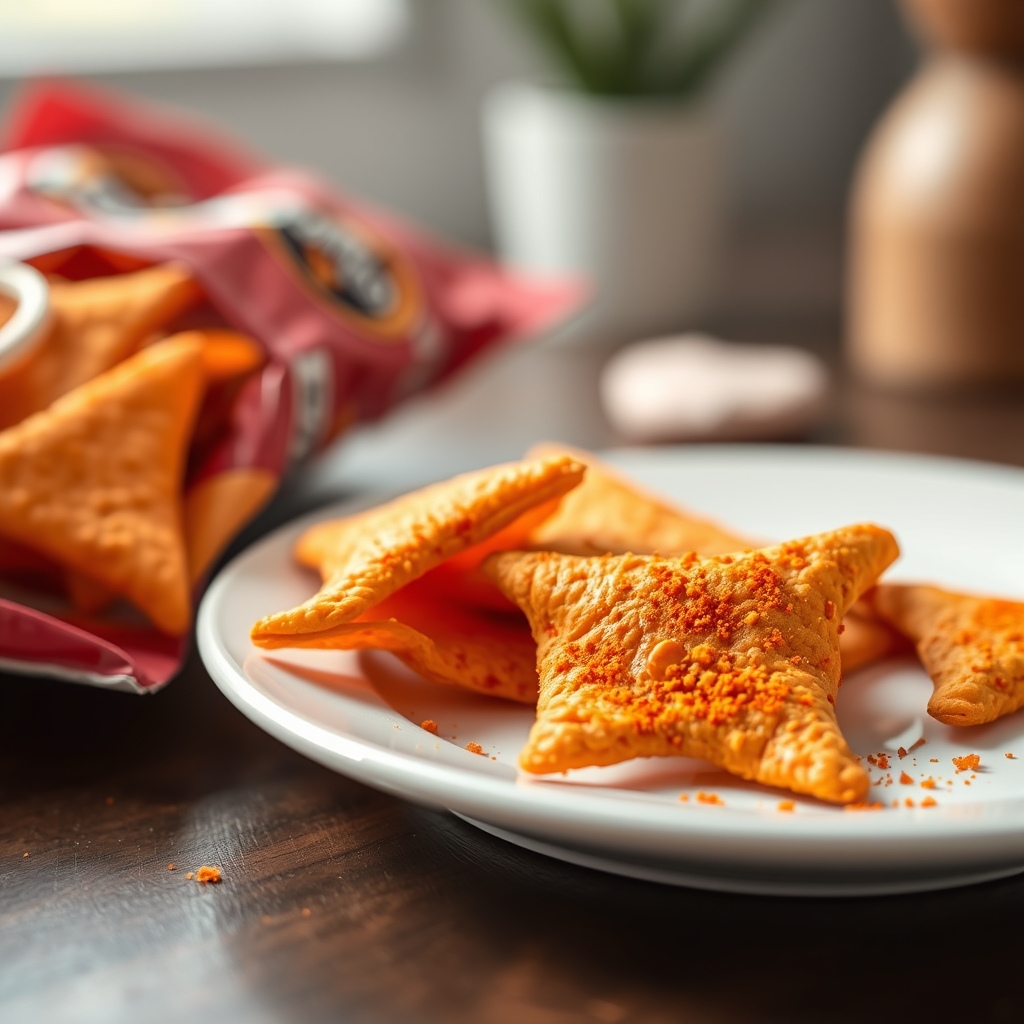 A close‑up of Doritos chips sprinkled with cheese powder, highlighting the bright orange coating and texture of the baked corn base