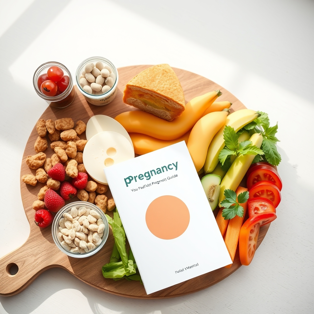 A selection of healthier snack alternatives such as baked sweet potato chips, plain popcorn, and roasted chickpeas displayed beside a pregnancy nutrition guide