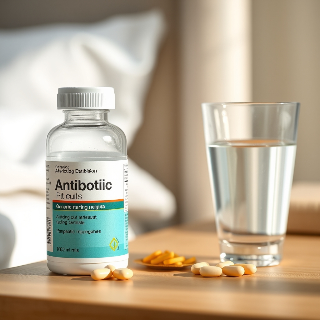 Pill bottle of antibiotics with a glass of water on a bedside table