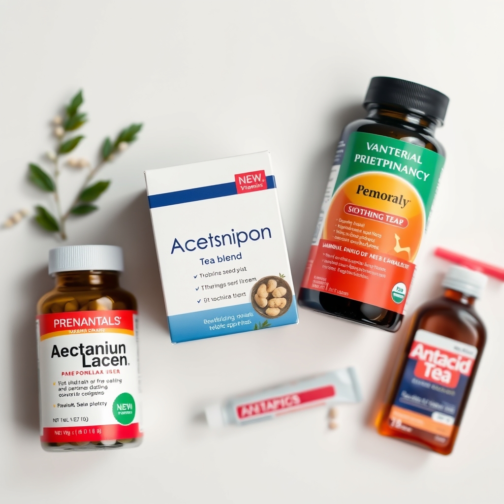 Assortment of pregnancy-safe over-the-counter medications and supplements