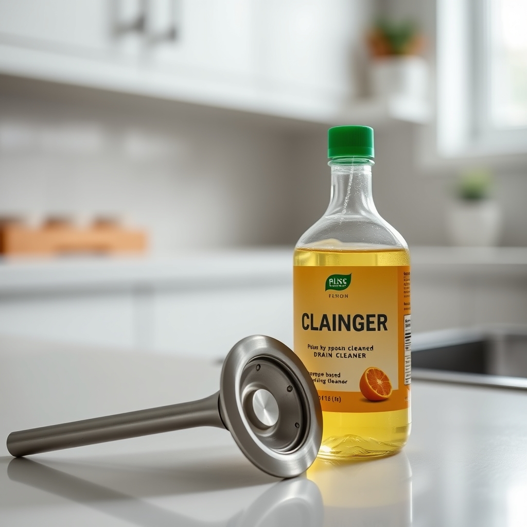 A plunger and a bottle of enzyme drain cleaner on a kitchen counter, illustrating a chemical‑free method for unclogging drains during pregnancy