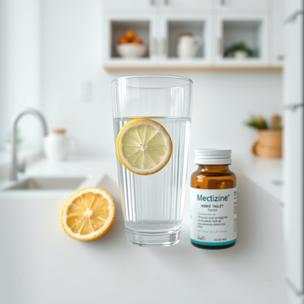 A wooden board displaying a glass of water, a slice of lemon, and a small bottle of meclizine tablets, soft morning light, clean kitchen setting