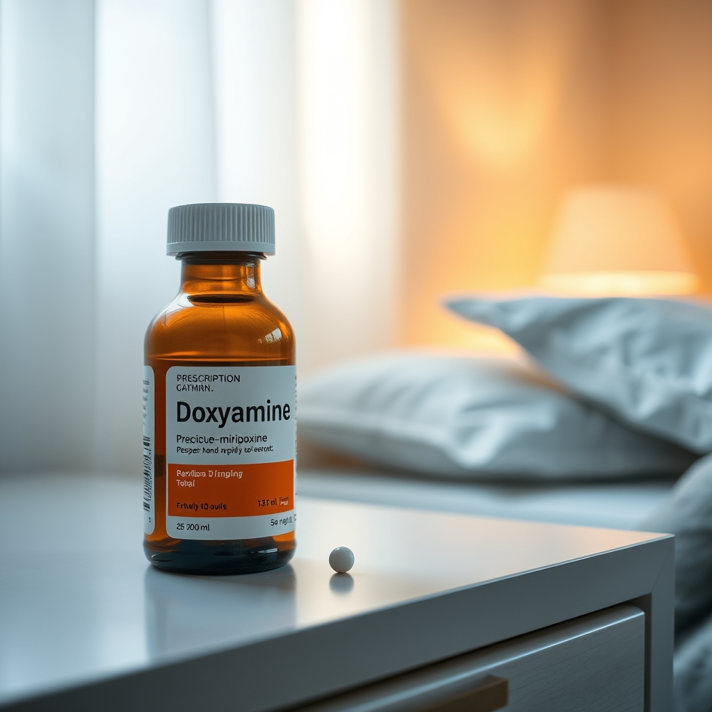 Prescription bottle of doxylamine-pyridoxine on a bedside table, soft morning light, minimalistic bedroom decor
