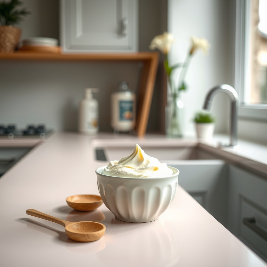 A small bowl of sugar paste (sugaring) next to a glass of water on a pastel kitchen counter, illustrating a pregnancy‑safe hair‑removal alternative