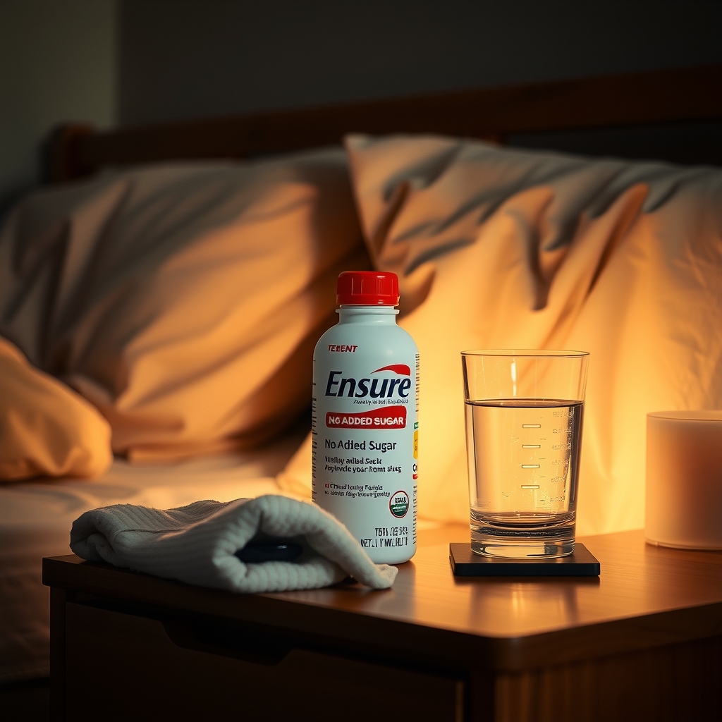 a cozy bedroom nightstand with a bottle of Ensure No‑Added‑Sugar, a glass of water, and a soft blanket, warm ambient lighting suggesting a calm postpartum routine