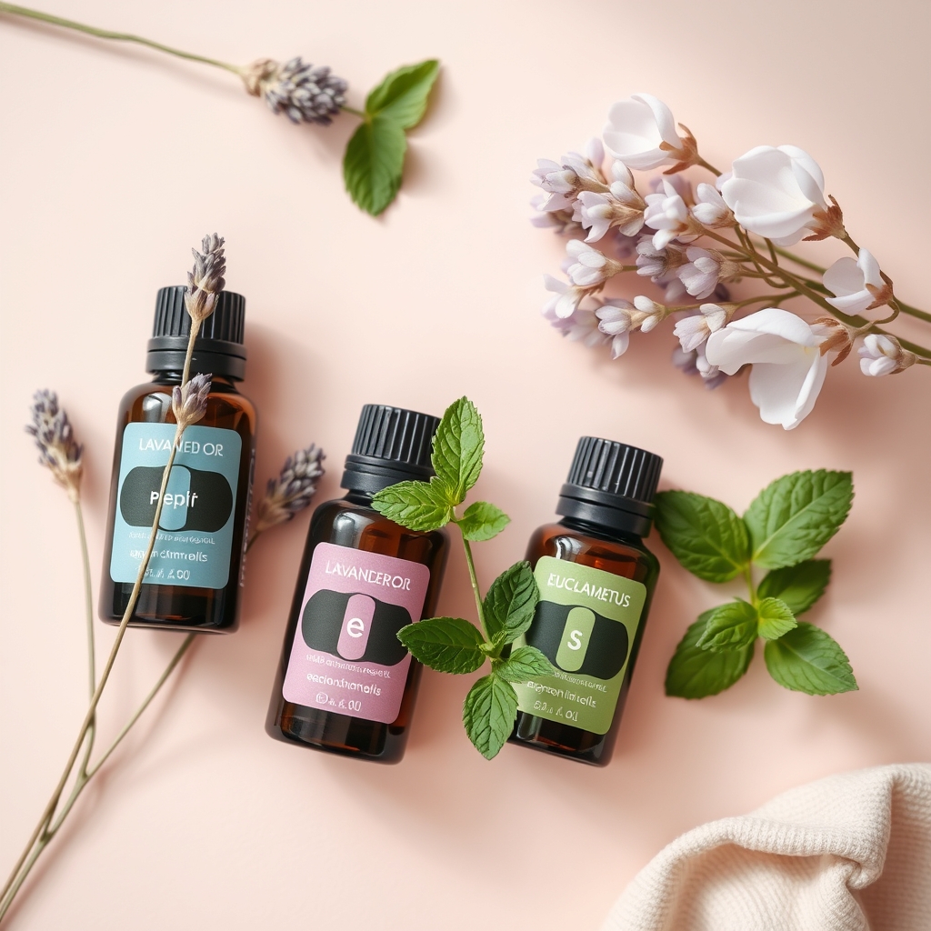 A collection of essential‑oil bottles including lavender, peppermint, and eucalyptus, arranged on a pastel background, illustrating safer alternatives