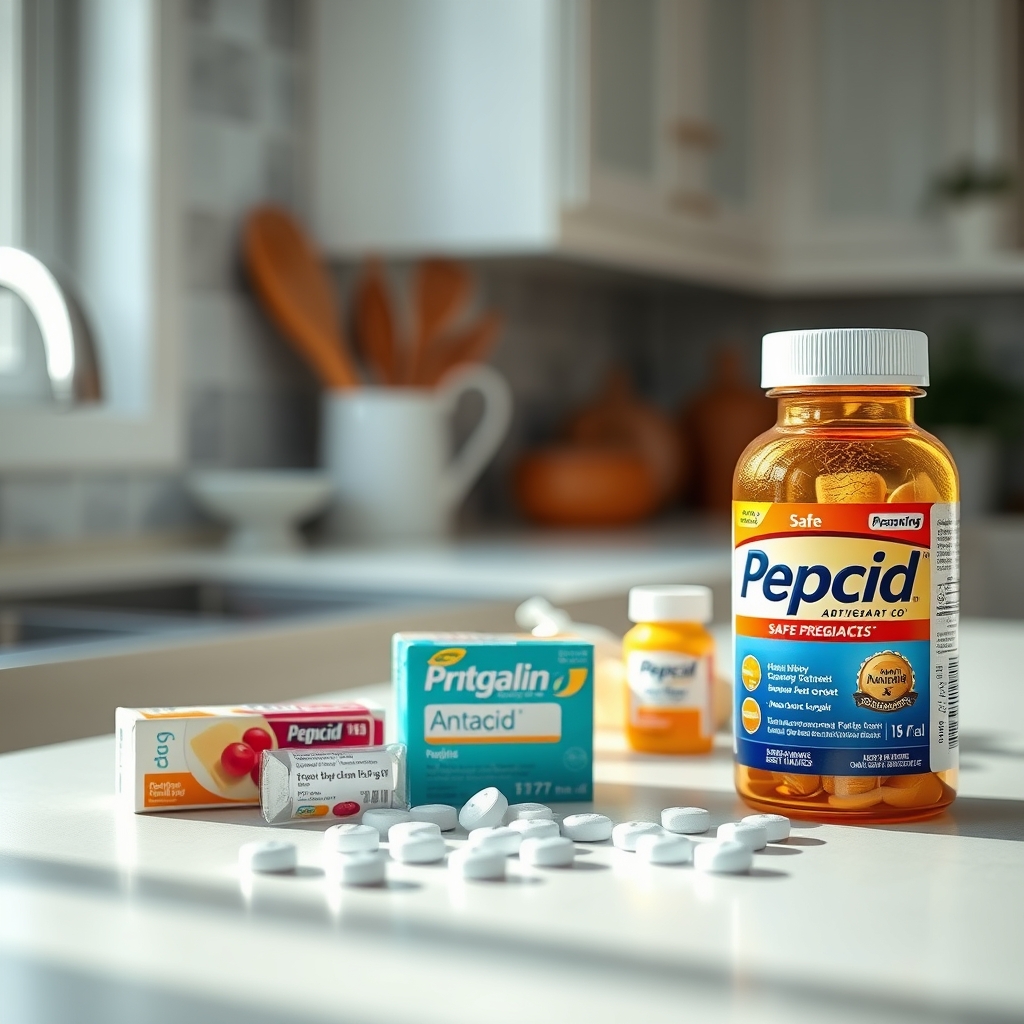 A selection of pregnancy‑safe antacids and H2 blockers, including Tums, Milk of Magnesia, and a Pepcid bottle, displayed on a kitchen counter to illustrate alternative heartburn remedies